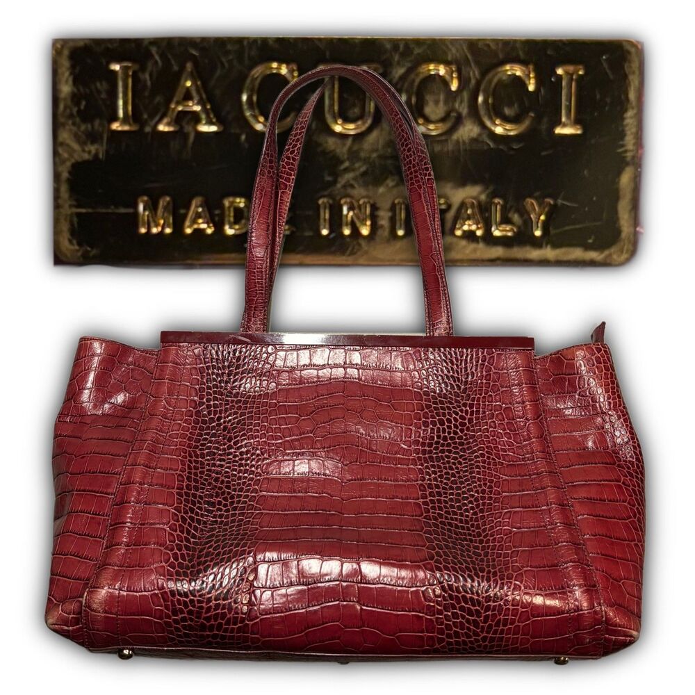 Iacucci Italy Raspberry Crocodile Embossed Leather Tote